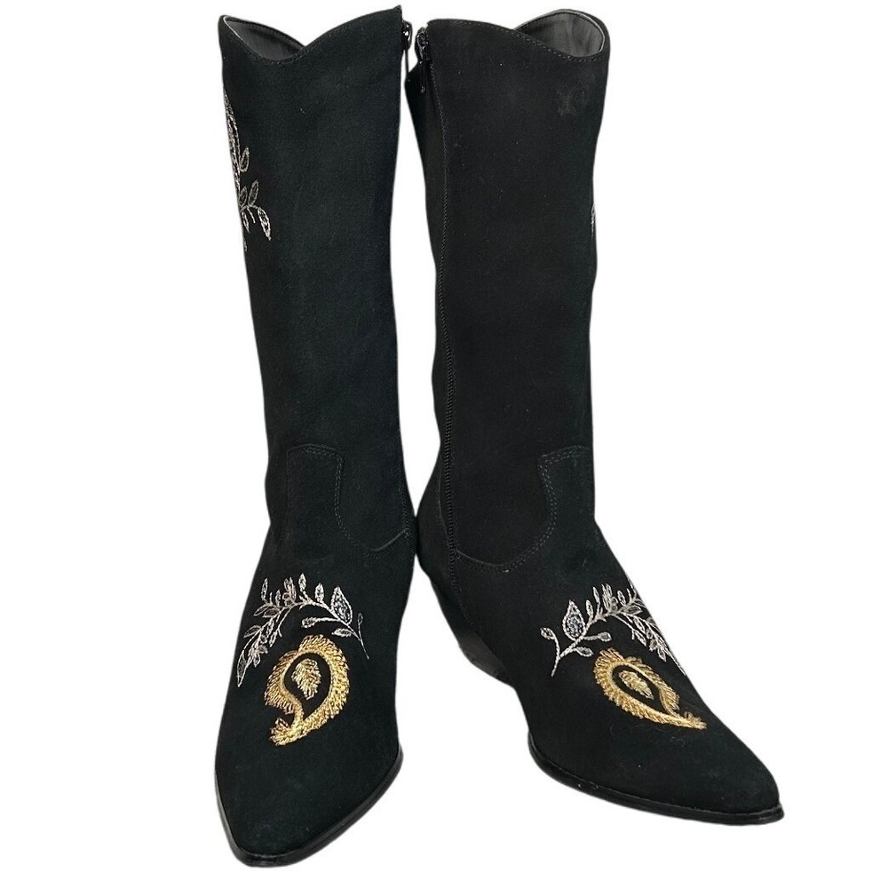 Bijou Womens Black Suede Embroidered Western Boots Paisley Gold Silver 8M Boho